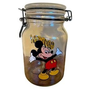 Vintage Disney Mickey Mouse Goodies Glass Jar‎ Airtight Bail Lid Canister 8"